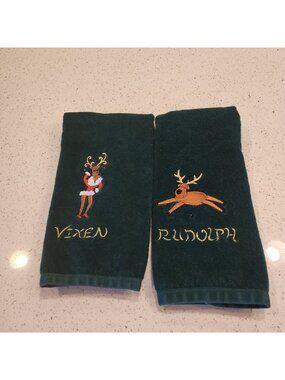 Vintage Grand Prix By Avanti Green Reindeer Bath Hand Towels Vixen Rudolph 1978